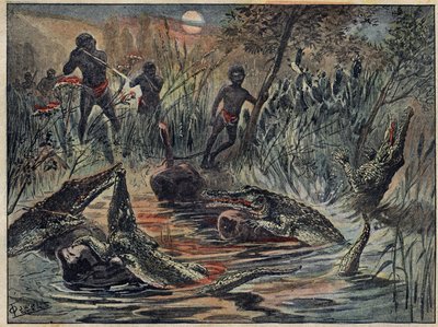 Krokodilvadászat Nigerben egy gyerekkel csaliért. Illusztráció a december 4-i „” Le Pelerin”-ben alkotó: Unknown artist