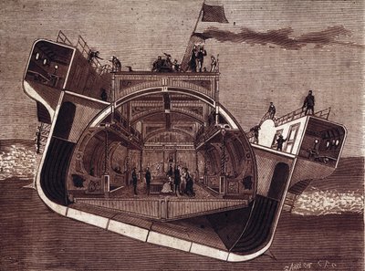 Henry Bessemer (1813-1898) tengeribetegség elleni csónakjának keresztmetszete. Metszet 19. század. alkotó: Unknown artist