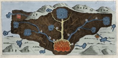 A földkéreg keresztmetszete, amely lehetővé teszi Athanasius Kircher számára, hogy bemutassa a termálforrások eredetét – 17. század alkotó: Unknown artist