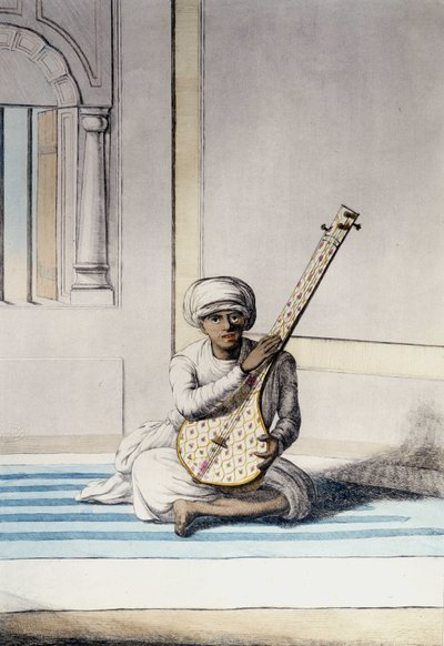Kultúra, civilizáció és indiai társadalom: zenész, aki a Thambourah-t (tamboura) játszik, India hagyományos hangszerén. Metszet 1808. alkotó: Unknown artist