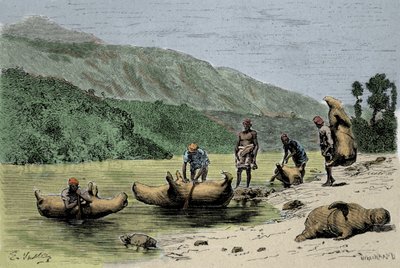 Szállítási szokások és módok: a folyókon való átkeléshez használt felfújt állatok bőre. századi metszet alkotó: Unknown artist