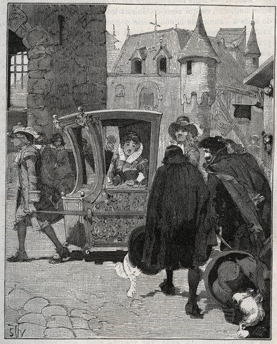 Evőeszközök: csónakosok veszik körül Marie de Rabutin-Chantal (Rabutin Chantal), de Sevigne dit Madame de Sevigne (1626-1696) székét, hogy késeket adjanak el neki, amikor 1675-ben megérkezett Nogentbe (Haute Marne). Metszet 1885-ből „” Les arts et metiers  alkotó: Unknown artist
