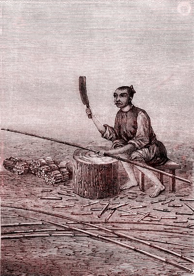 A bambuszok kis darabjainak vágása, papírgyártás Kínában (Kr. e. 3. század) (metszet) alkotó: Unknown Artist