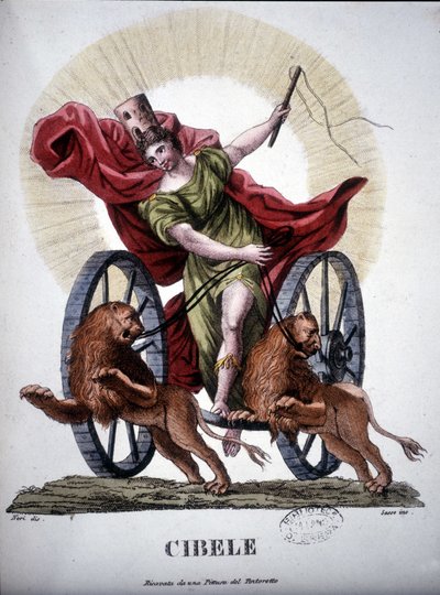 Cybele, a természet szaporodó erejét megtestesítő istenség - a „Dizionario mitologico”-ban, a 19. századi metszet Tintoretto festménye nyomán, Bibl. di Brera, Milánó. alkotó: Unknown artist