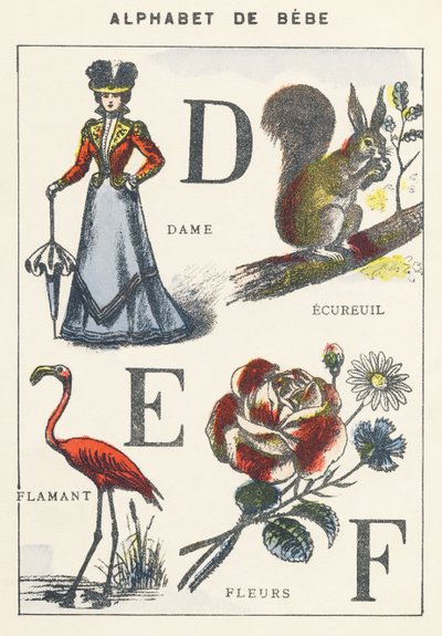 D E F: hölgy, mókus, flamingó, virágok alkotó: Unknown artist