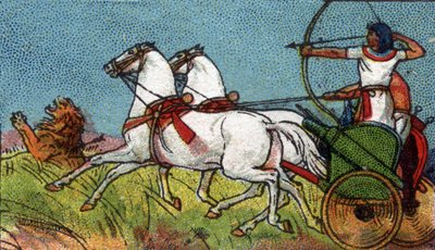 Mindennapi élet az ókori Egyiptomban: egy fáraó üldözi az oroszlánt, 20. század eleje (kromo) alkotó: Unknown Artist