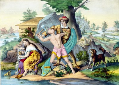 Daniel Boone megvédi családját: Daniel Bonne amerikai úttörő (1734-1820) megöl egy indiánt, aki baltával támadja meg családját. Metszet 19. század. alkotó: Unknown artist