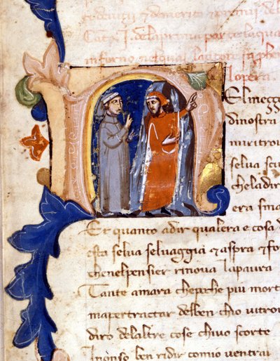 Dante és Vergilius a pokol bejáratánál. (" N "" betűjel) A 14. századi milánói Divina Commedia (Isteni színjáték) Incipit of a Hell of a Divina Commedia, trivulzi könyvtár. (Életünk utazásának közepén...) alkotó: Unknown artist