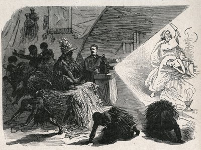 David Livingstone (1813-1873) skót misszionárius és felfedező a varázslámpással a Balondában. alkotó: Unknown artist