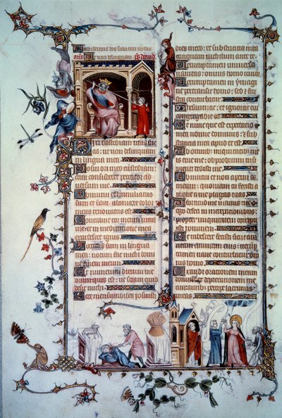 Dávid megfenyegette Sault. A kapzsiság allegóriája. Az úrvacsora szentsége. A jótékonyság allegóriája. Miniatűr a „Breviaire de Belleville” zsoltárból alkotó: Unknown artist