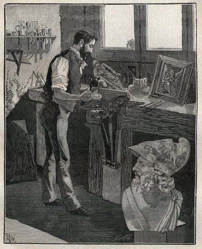 Ezüsttárgyak díszítése: bronz véső. Metszet 1885-ből Adolphe BITARD „Les arts et metiers illustres” című könyvében. alkotó: Unknown artist