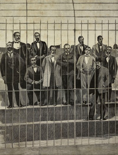 Vádlottak a Giuseppe de Felice Giuffrida (1859-1920) és társai elleni perben, Palermo, Olaszország, metszet E Interguglielmi fényképéről, L