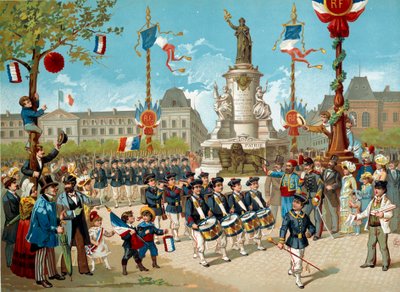 Beszennyezni az iskolazászlóaljak gyermekeit a Place de la Republique-n 1883. július 14-én Párizsban. századi Párizs litográfiája, Musee Carnavalet alkotó: Unknown artist