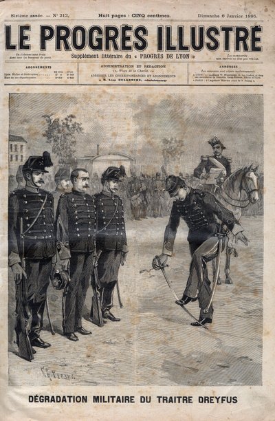 Alfred Dreyfus leépülése – Dreyfus-ügy: Alfred Dreyfus leépülése a Katonai Iskola udvarán, Párizs, 1895. január 5. – Metszet az 1895. évi „The illustrious progress”-ba – alkotó: Unknown artist