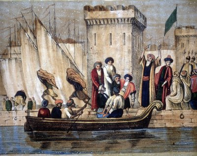 A franciák gyarmatosítása nyomán Algír mórjainak indulása, Egy öreg vagy beteg embert csónakra raknak. 19. század alkotó: Unknown artist