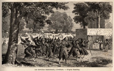 Nakhisbendi dervisek, egy perzsa bokhara, Irán). Emile Bayard (1837-1891) rajza, Arminius Vambery (dervisbe öltözött magyar tudós álruhája) 1863-as közép-ázsiai utazásának illusztrálására. Gravírozás a „Le tour du monde”-ban, szerkesztette Edouard C alkotó: Unknown artist