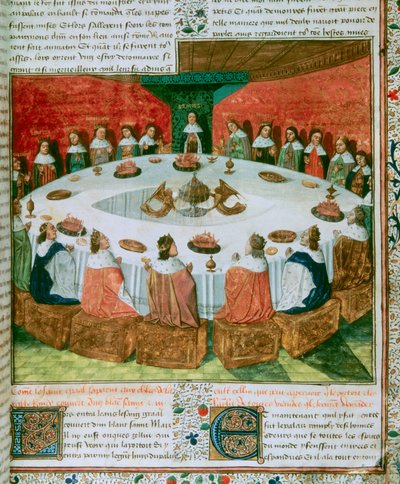 Részlet: Arthur király és a kerekasztal lovagjai a Szent Grál megjelenésén. (Artúr király és A kerekasztal lovagjai). A „Szent Grál Queete” kéziratát illusztráló világítás, c. 1470. Fólió 5 a Fre alkotó: Unknown artist