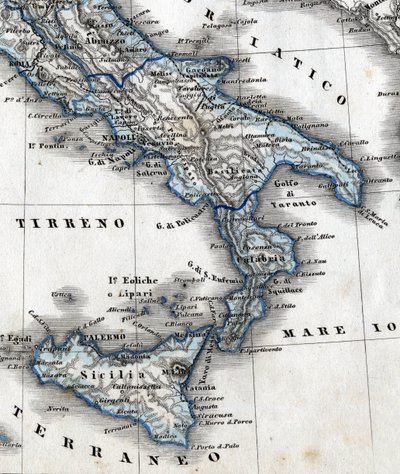 Dél-Olaszországot (Campania, Calabria, Szicília, Puglia, Molise Abruzzo régiók) ábrázoló földrajzi térkép részlete. 19. század alkotó: Unknown artist