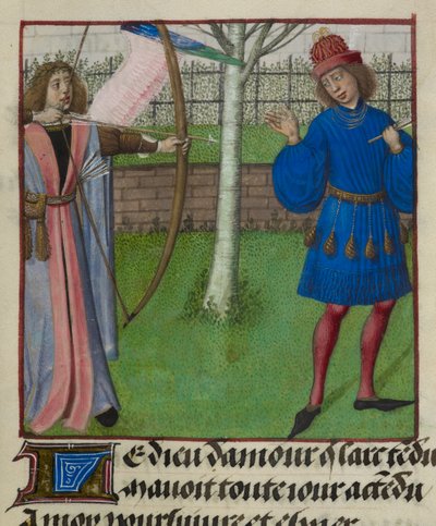 Részlet az Amour (Szerelem) miniatúrájáról, amely a szeretőt célozza meg íjjal és nyíllal, a „Le Roman de la Rose”-ból alkotó: Unknown artist