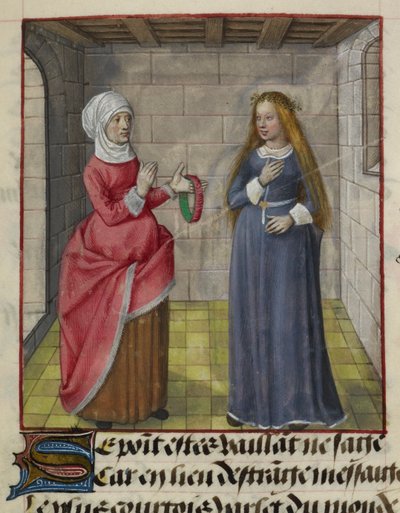 A la Vieille (a Duenna) és a Bel Accueil (tisztességes üdvözlet) miniatűr részlete a „Le Roman de la Rose”-ból alkotó: Unknown artist