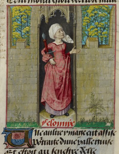 Részlet Feloniye allegorikus alakjának miniatúrájáról, a fólió első oszlopában, a „Le Roman de la Rose”-ból alkotó: Unknown artist