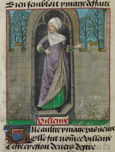 Részlet Vilenie (Villainy) allegorikus alakjának miniatúrájáról a fólió második oszlopában, a „Le Roman de la Rose”-ból alkotó: Unknown artist