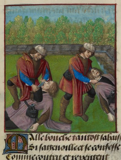 Részlet egy miniatűrről, amelyen az Absztinencia Contrainte (Kényszer absztinencia) és Faux Semblant (hamisnak tűnik) megöli Malebouche-t (Gonosz nyelv) és elvágja a nyelvét a „Le Roman de la Rose”-ból alkotó: Unknown artist