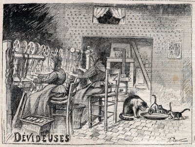 Devideuses - Atelier de Canut - egy lyoni selyemszövő műhely belseje, 1895-ös „Le Progres illustrious” metszet alkotó: Unknown artist