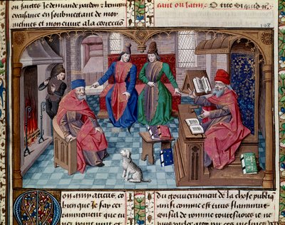 Tulle, Atticus, Scipio afrikai és Lelius római konzul párbeszéde Cicero (Marcus Tullius Cicero) (Kr. e. 106-43) miniatúrája a „” Öregkortól (De Senectute)”-ból. 1470 Chantilly, Musee Conde alkotó: Unknown artist