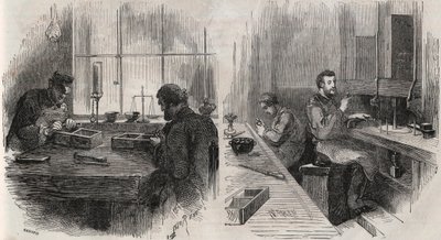 Gyémántvágás egy hollandiai műhelyben: hasítók és polírozók - Gravírozás „” Le Monde Illustré”” alkotó: Unknown artist