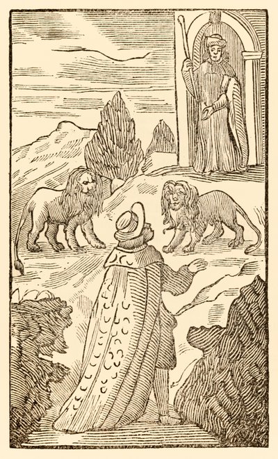 A nehézség a háta mögött van, a félelem előtte A zarándokok előrehaladása ebből a világból, az eljövendőbe (John Bunyan (1628-1688)) Christian átmegy az oroszlánok között, miközben éberen néz a portás alkotó: Unknown
