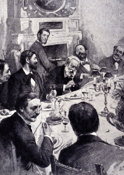 Az asztalnál vacsorázik Victor Hugo Jean Mounet Sully-val (Mounet-Sully) (1841-1916), francia színésszel. századi metszet. alkotó: Unknown artist