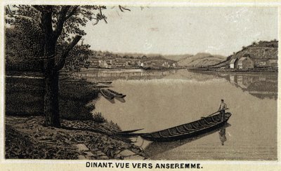 Vacsora, kilátás Anseremme felé és a Lesse folyóra, Belgium Vallon régiójában. A 19. század végének kromolitográfiája. alkotó: Unknown artist