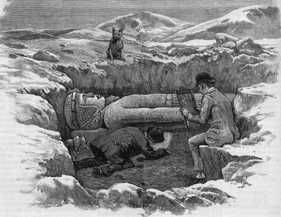 Felfedezte II. Rhamszesz kolosszális szobrát. A hieroglifákat tükörtükrözéssel számítják ki. Metszet 1886-ból. alkotó: Unknown artist