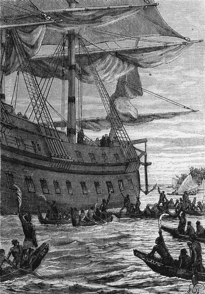 India felfedezése: Wallis utazása a Csendes-óceánon; A bennszülöttek találkozni fognak a Colonokkal – Jules Verne „Les Voyageurs du 18eme et 19eme ecle” című könyvében, szerk. Hetzel et Cie, Párizs. alkotó: Unknown artist