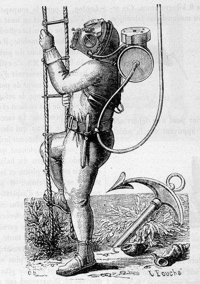 Gumiruházattal és szabályozó tartállyal bevont búvár – Louis Figuier „A tudomány csodái” c. alkotó: Unknown artist