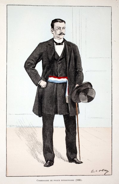 osztályos rendőrparancsnok (1896). Színes rézkarc, illusztrációként Louis Lepine (1846-1933) Szajna menti rendõrség prefektusa, Alfred Rey (1864-?) és Louis Iron gondozásában megjelent „” A békefenntartók hadtestének története”” könyv. alkotó: Unknown artist