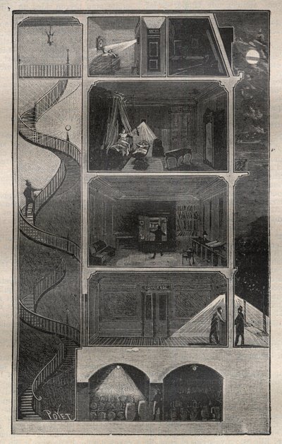 Háztartási villany: elektromos árammal ellátott épület keresztmetszete – „La Science francaise” metszet” alkotó: Unknown artist