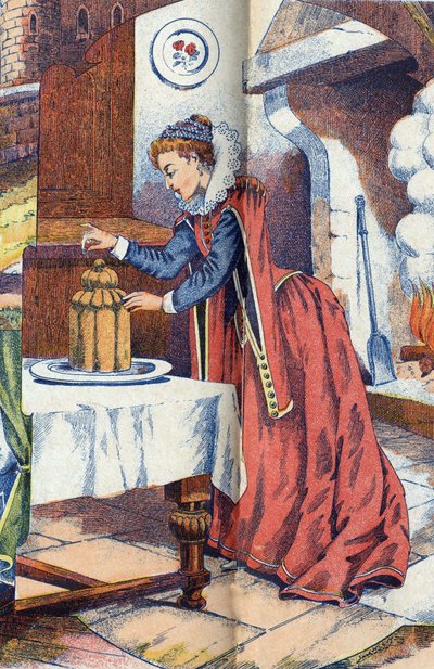 A szamárbőr beleejti a gyűrűjét a tortába. Névtelen illusztrációja Charles Perrault (1628-1703) francia író „” Szamárbőr” című meséjéhez. Képek Marcel Vagne, Jarville Nancy, dátum nélküli (19. század vége). alkotó: Unknown artist