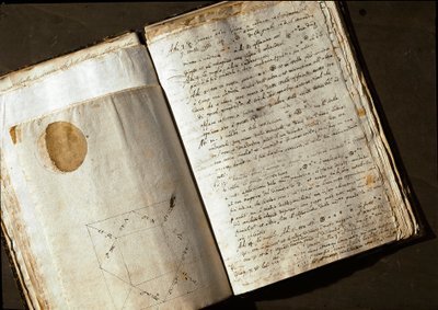 A "Medicea Stars" vagy a Pianeti Medicei (Planetes mediceennes) dupla oldala, Galileo Galilei dit Galilee (1564-1642) olasz csillagász és fizikus kézirata Cosimo de Medicis számára (Cosimo II de Medici), amelyben felfedezését tárja fel. alkotó: Unknown artist