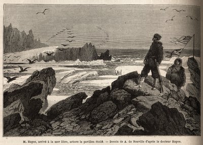 Dr. Hayes, megérkezik az Északi-sark szabadtengerére, expedíciójának célja, elülteti az amerikai csillagzászlót. Doctor Hayes, az Egyesült Államok haditengerészetének sebésze az 1860-1862-es metszet az Északi-sark-sark szabadtengerére tett utazásának illus alkotó: Unknown artist