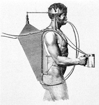 Drieberg 1802-es scaphandre projektje, a triton néven ismert. A levegő egyenesen a férfi szájába áramlik. alkotó: Unknown artist