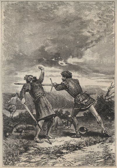 Oak Torquil párbaja és halála – 19. századi illusztráció Walter Scott (1771-1832) „A perthi csinos lány vagy Valentin-nap (St. Valentine