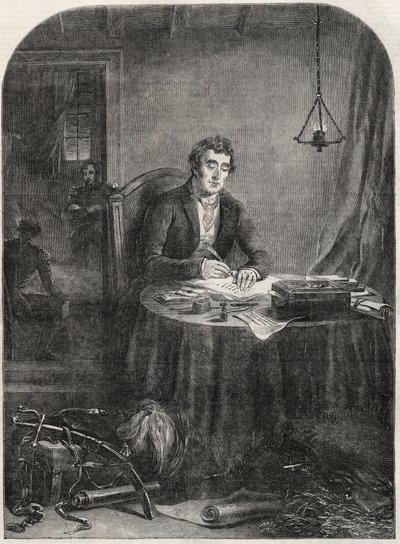 Wellington hercege (Arthur Wellesley (1769-1852) Wellington hercege) írásbeli feladása Waterloo után, 1815. június 19. - metszet 1852 alkotó: Unknown artist