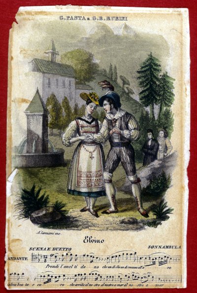 Giuditta Pasta és Gian Battista Rubini duó Vincenzo Bellini „La somnambule” („La Sonnambula”) című operájában. A milánói színház Carcano. 1831. alkotó: Unknown artist
