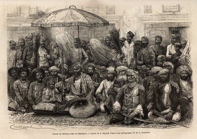 Durbar (egy hercegi állam feodális és jogi tanácsa) Maharaja Rana-ból, Dholepore királyságából (Rajasthan). Engravure pour illustrrer l