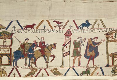Earl Harold Boshamból Londonba lovagol, Bayeux Tapestry (gyapjú hímzés vászonra) alkotó: Unknown artist