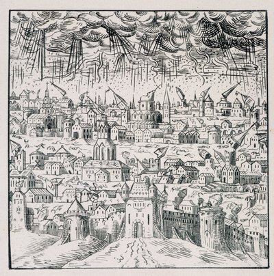 Földrengés Badenben – a „” 39 figurából álló gyűjtemény, amely Franciaország 1562 és 1586 közötti katasztrófáit ábrázolja”; Louis Perrin nyomtatás alkotó: Unknown artist