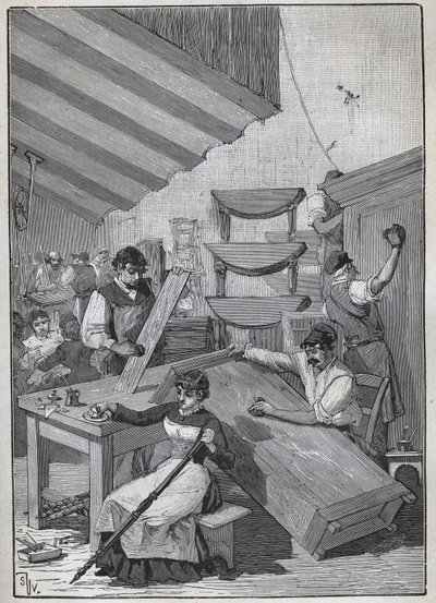 Ebenisterie: bélyeglakkozási műhely. Metszet 1885-ből Adolphe BITARD „Les arts et metiers illustres” című könyvében. alkotó: Unknown artist