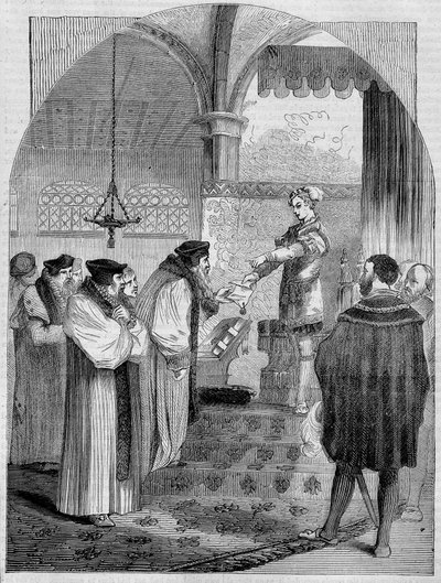 VI. Edward (1547-1553), angol király átadja Joan Bocher oklevelét Cranmer érseknek alkotó: Unknown artist